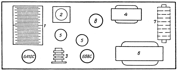 Расположение ламп и деталей на шасси радиоприемника 'АРЗ-49'
