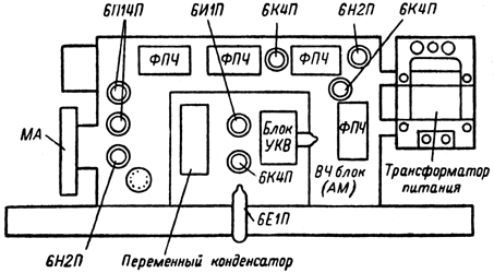 Расположение ламп и деталей на шасси радиолы 'Беларусь-59'