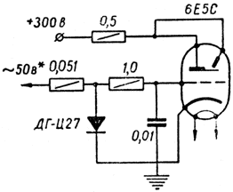 Схема применения лампы 6Е5С в качестве индикатора уровня записи магнитофона