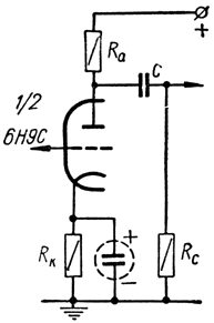 Схема применения лампы 6Н9С в качестве усилителя напряжения низкой частоты